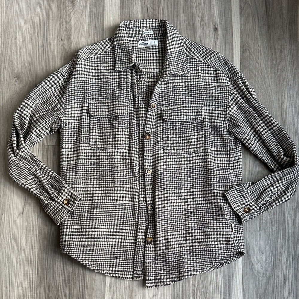 Hollister Cotton Fleecy Houndstooth Button-Up Shirt Jacket - Boyfriend fit
